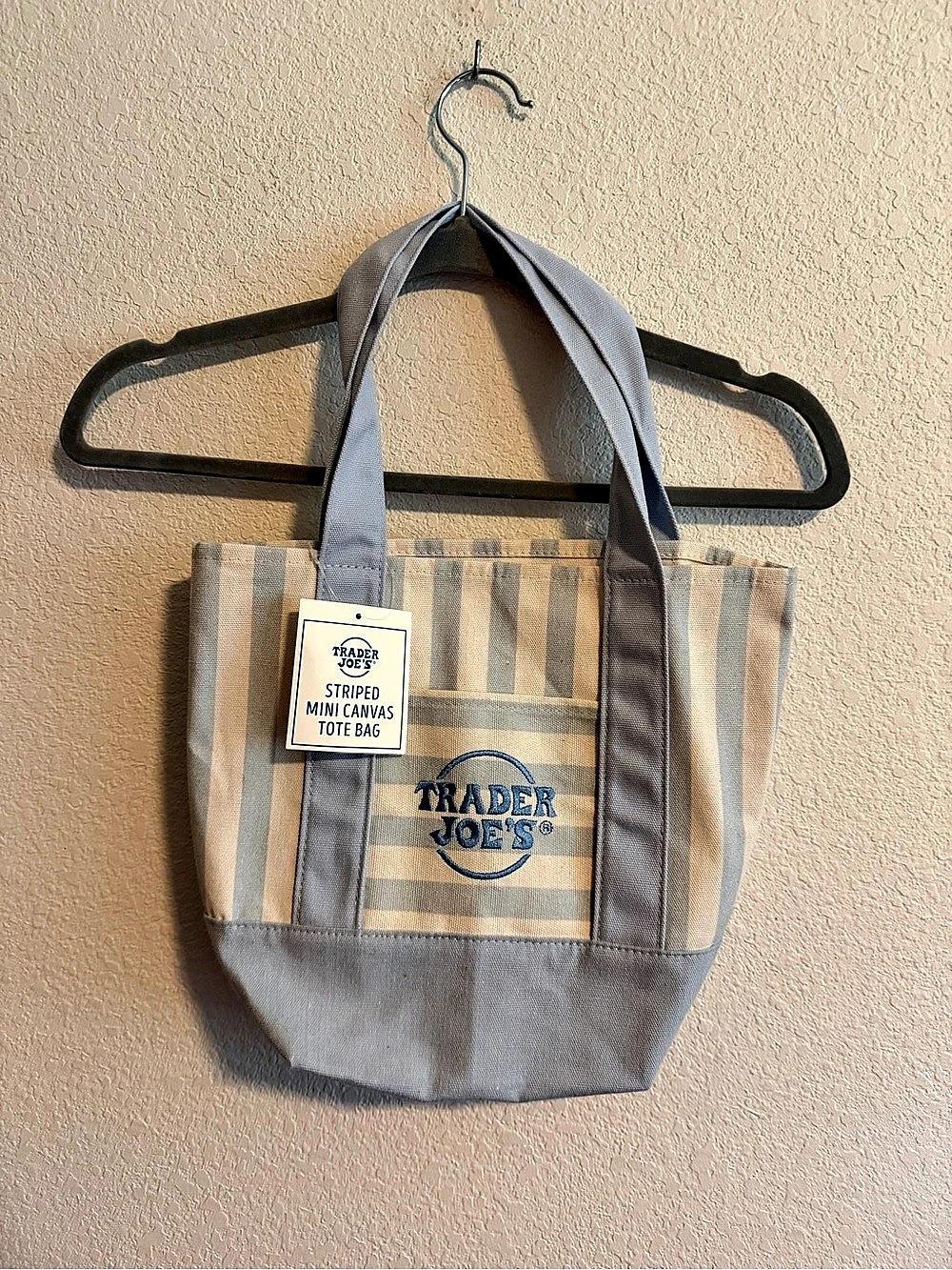 NWT Trader Joe's Striped Mini Canvas Tote Bag in Blue & Cream